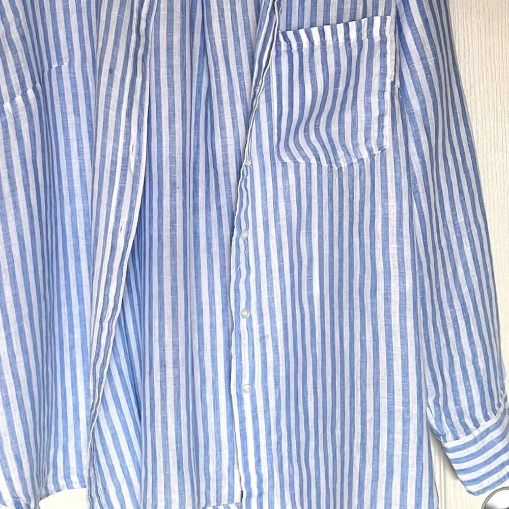 H&M 100% Linen Striped Button Down Shirt XXL Coastal Grandma Oversized Vacation - Picture 4 of 15